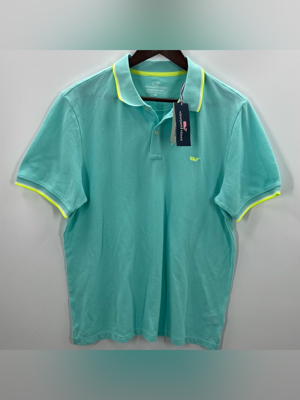 337 Vineyard Vines Edgartown Men's Teal Polo with Neon Yellow Trim Medium